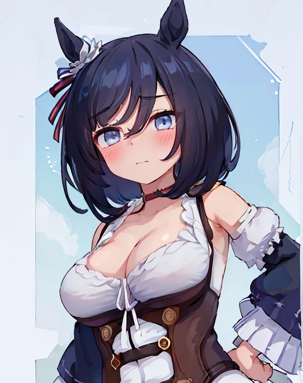 Eishin Flash, (umamusume),short hair,1 girl,,,chest,尖ったchest,chestの谷間,Underbust,Side Boob Barbosa,(blush),((Embarrassing)),Spread and masturbate((White Bikini))round 1(((chestを持ち上げる)))((View from below、View from below))Upper body close-up