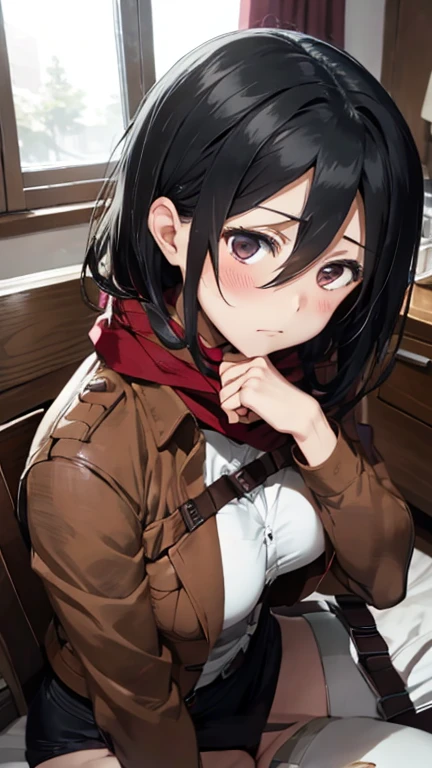 mikasa Ackerman,Big Breasts,Red scarf,Black Swimsuit,Blushing,Sitting on a chair,Confused expression,On the bed,
