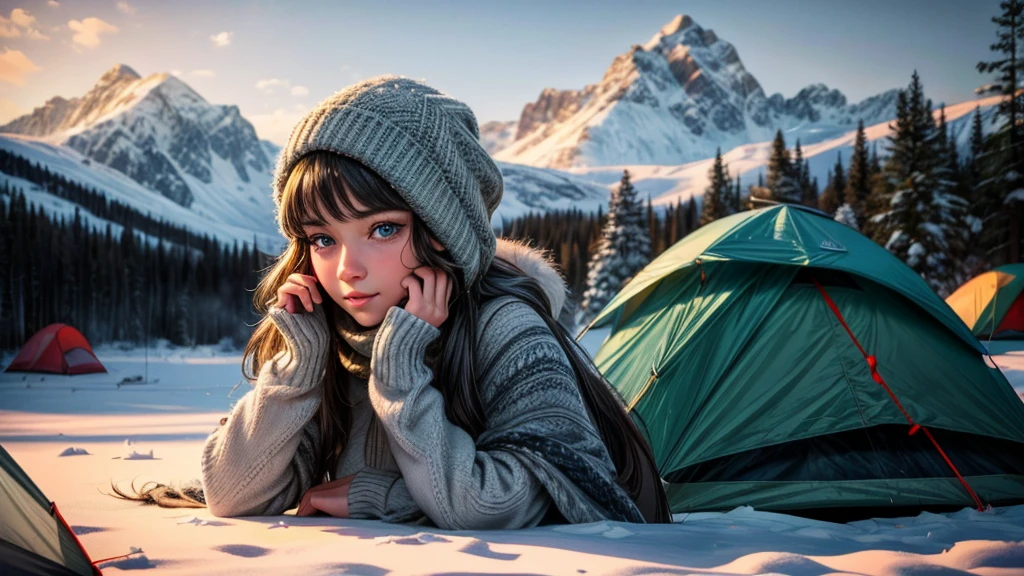 a girl in a snowy winter landscape, outdoor camping near a lake, beautiful detailed eyes, beautiful detailed lips, extremely detailed face and skin, long eyelashes, warm sunlight, cozy campfire, campsite tent, mountains in the background, (best quality,4k,8k,highres,masterpiece:1.2),ultra-detailed,(realistic,photorealistic,photo-realistic:1.37),landscape,nature,winter,morning light