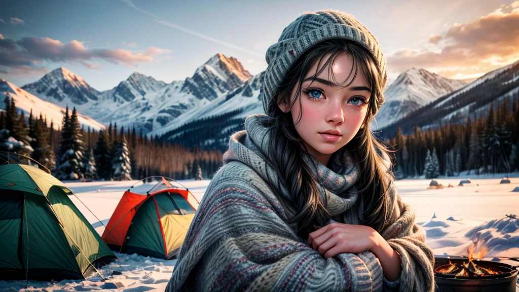 a girl in a snowy winter landscape, outdoor camping near a lake, beautiful detailed eyes, beautiful detailed lips, extremely detailed face and skin, long eyelashes, warm sunlight, cozy campfire, campsite tent, mountains in the background, (best quality,4k,8k,highres,masterpiece:1.2),ultra-detailed,(realistic,photorealistic,photo-realistic:1.37),landscape,nature,winter,morning light