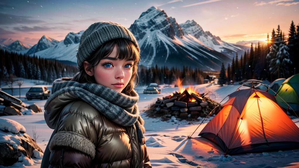 a girl in a snowy winter landscape, outdoor camping near a lake, beautiful detailed eyes, beautiful detailed lips, extremely detailed face and skin, long eyelashes, warm sunlight, cozy campfire, campsite tent, mountains in the background, (best quality,4k,8k,highres,masterpiece:1.2),ultra-detailed,(realistic,photorealistic,photo-realistic:1.37),landscape,nature,winter,morning light