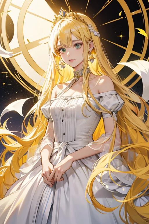 Gardenia's  long yellow hair is released and she wears a golden tiara on her head. Her hair is adorned with small white flowers. She has flower shaped earrings on her ears with stripes on it and round circles at the end of it. She wears a white choker on her neck. She wears an long dress, with a big 'v' on the middle of her white top. There is another white shirt tucked inside it. There is an half of the gradient color of green on her skirt. A green ribbon is attached behind her dress. SPARKLE; GLITTER