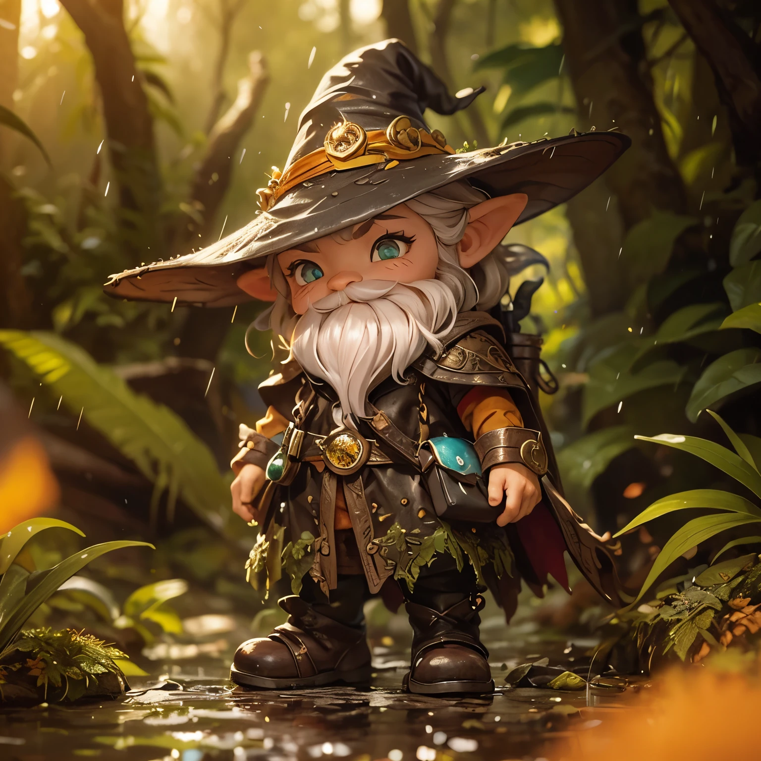 A cute diminutive moss covered dewy male wizard, wrinkled old looking skin, close up in a dewy rain forest, intricate wizarding costume cragged materials, pink orange red and yellow colors, fall colors, In a tilt-shift, macro-photographed scene with a shallow depth of field, a tiny, iridescent mystic wizard, intricate gnarled leather wizarding boots, 