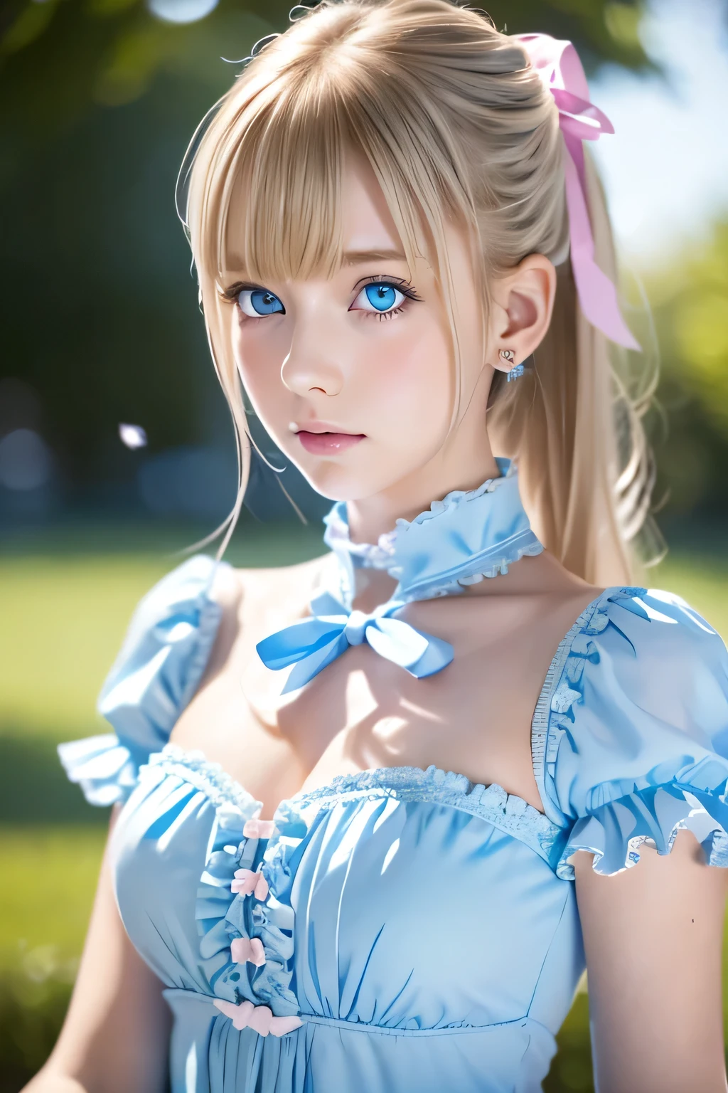 (Ultra-detailed), Cute light blue princess dress,(Frill dress),(Short sleeve),blue eyes,Upper Body、Close-up、face、Cute smile,Facing forward, 20-year-old, age Girl,No tail,(No tail),2D, masterpiece, highest quality, And soul, Detailed Eyes, Big, bright, light blue eyes that shine beautifully、Detailed face, With a girl, Only one person,Blonde super long hair, (Blonde), Ear hair, , Single Blade, (Single Blade), (Side Blade), Pink ribbon, Ribbon on neck, (White sleeves), Background bokeh