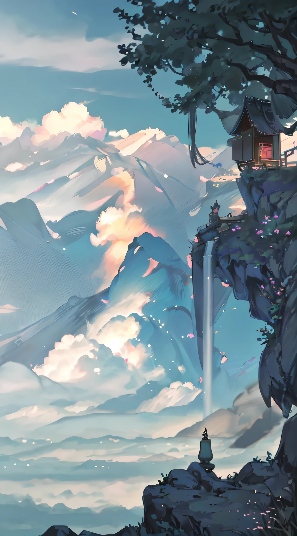 Chinese ancient times, spring, jungle, lake, cloud moving smoothly, cave, waterfall, tree, meadow, rock, deer, hot spring, water vapor, (illustration: 1.0), epic composition, realistic lighting, HD details, masterpiece, best quality, (very detailed CG unified 8k wallpaper) --v 6