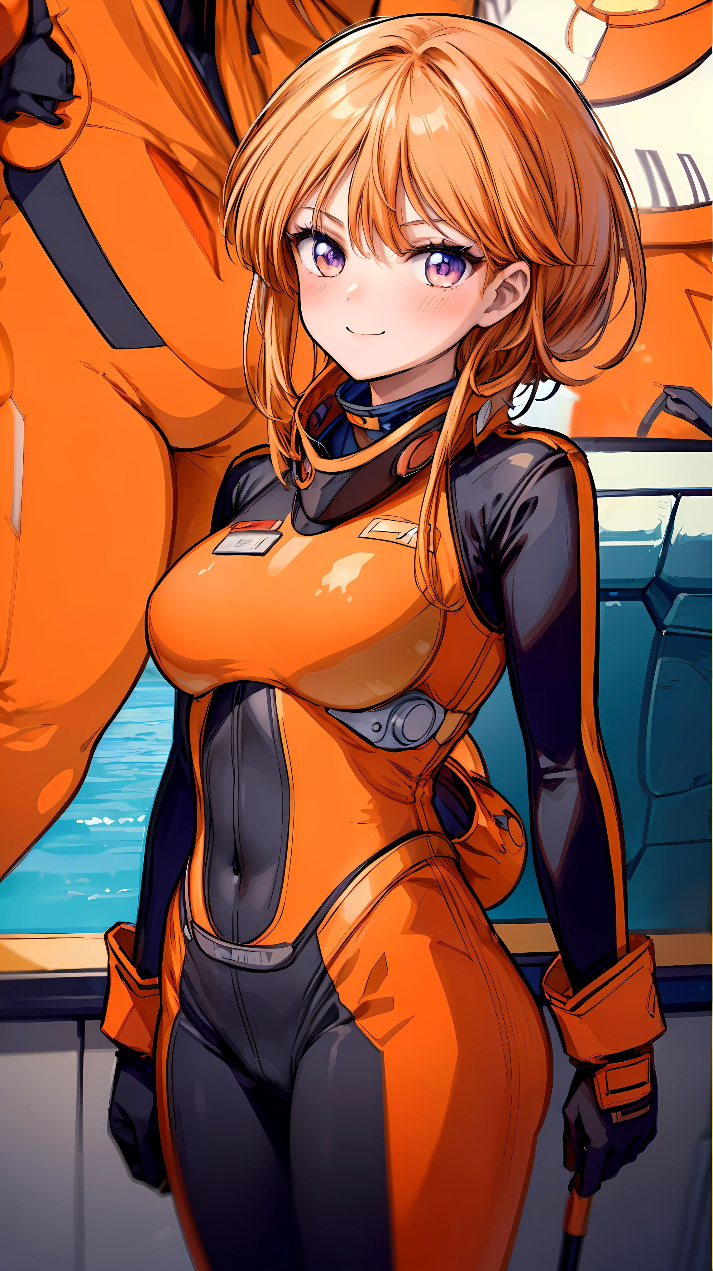 Very detailed、highest quality、Best image quality、masterpiece、8k、Anime Face、A kind smile、(lppl2:1.3)、Orange Hair、Exposed pilot suit、Big Breasts、Cowboy Shot、Side view、ckundies