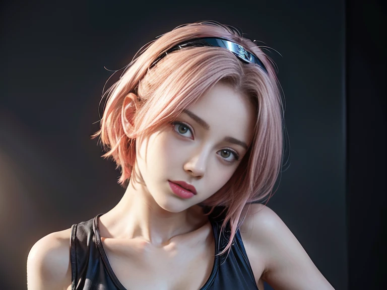 young woman, short shoulder-length pink hair, wide forehead, porcelain skin, pink eyebrows, big emerald green eyes, buttoned nose, full lips, heart-shaped face, slender body, small breasts, red tank top, Sakura Haruno , realistic, realism, details, 3d, well detailed