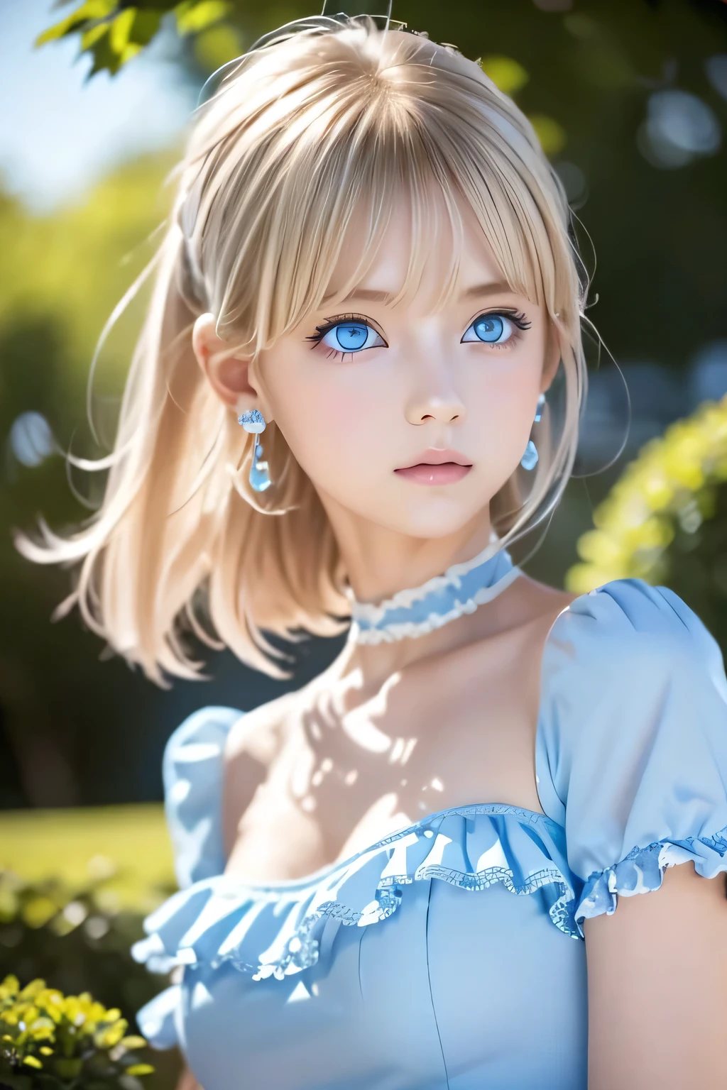 (Ultra-detailed), Cute light blue princess dress,(Frill dress),(Short sleeve),blue eyes,Upper Body、Close-up、face、Cute smile,Facing forward, 20-year-old, age Girl,No tail,(No tail),2D, masterpiece, highest quality, And soul, Detailed Eyes, Big, bright, light blue eyes that shine beautifully、Detailed face, With a girl, Only one person,Blonde super long hair, (Blonde), Ear hair, , Single Blade, (Single Blade), (Side Blade), Pink ribbon, Ribbon on neck, (White sleeves), Background bokeh