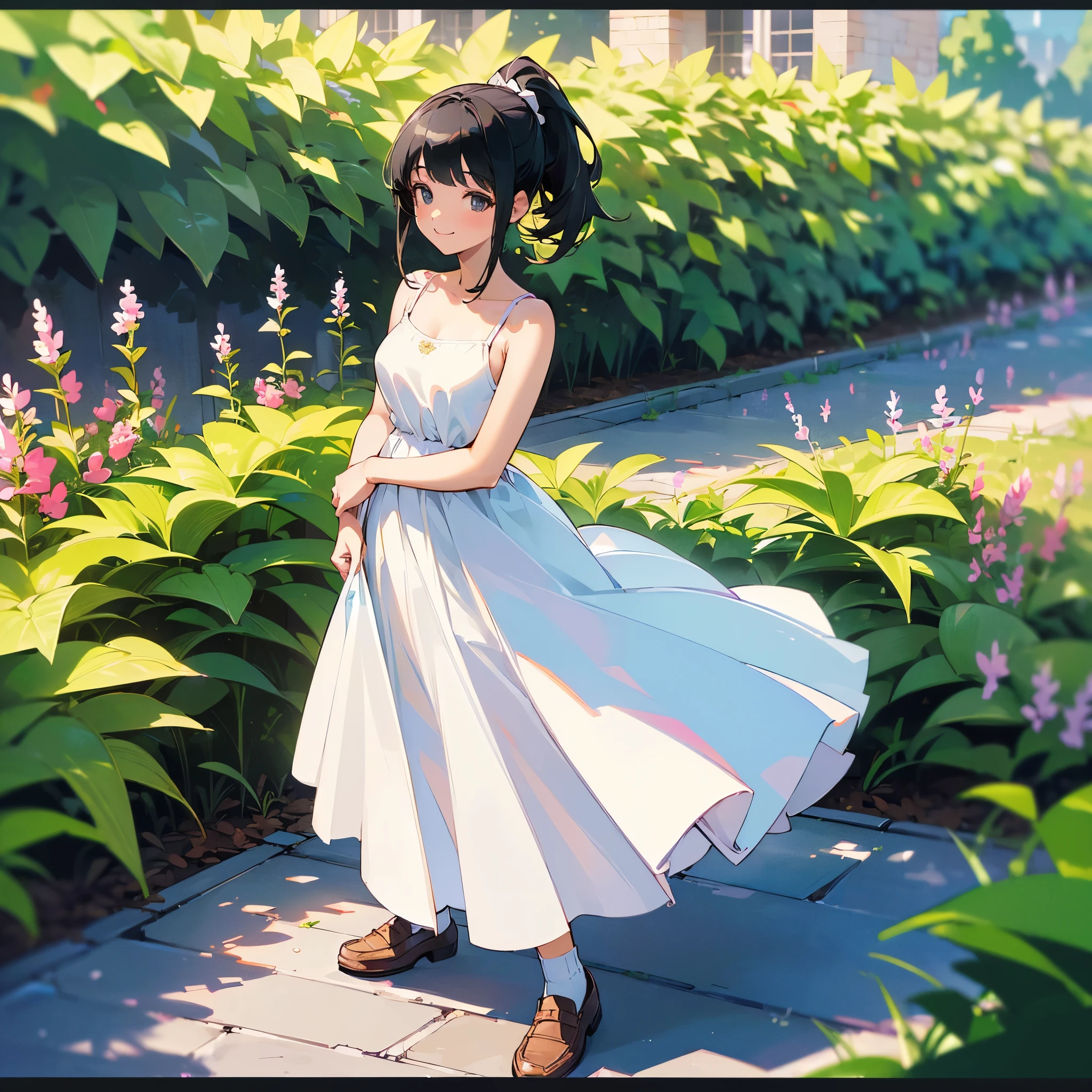 (high quality, High resolution, Very detailed, reality:1.37), Peaceful atmosphere, (Outdoor, garden), Teenage girl standing alone, (my breasts are big.), Beautiful details, Cute Smile, (Black hair ponytail), White camisole dress, White socks, loafers.