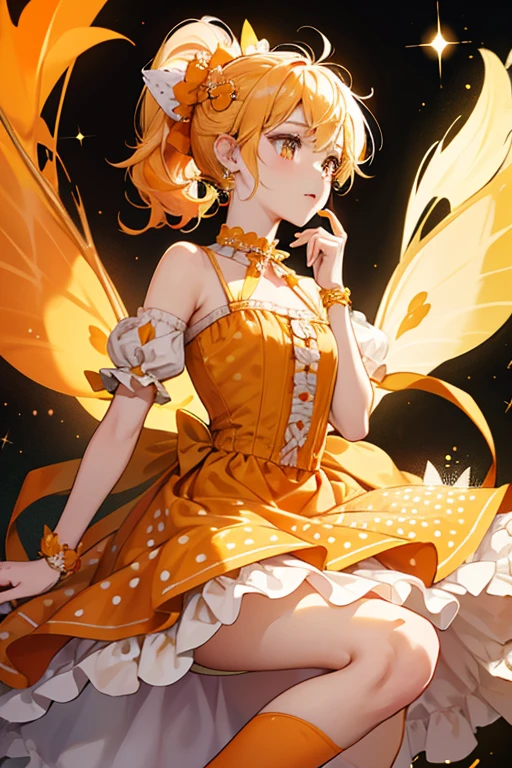 (masterpiece), best quality, expressive eyes, perfect face, fix face, full body, 1girl, fairy, 1girl, A fairy with yellow hair tied by a big orange bow, dressed in a yellow dandelion and dogwood petal dress. Yellow hair, with big bow. She is encrusted with frost. Cleavage, underboob. Blushing, seductive eyes. White flowers lace through her short hair, and snow piles around her with light filtering through dramatically. The highly detailed sky is pastel and glittery, and intricately detailed. She has massive yellow sunshine wings that are completely glowing. Her eyes are yellow. She wears yellow, petal boots. Yellow eyes and cutesy pupils. Angle facing down, centered, yellow dress and golden and rainbow background, cupidtech