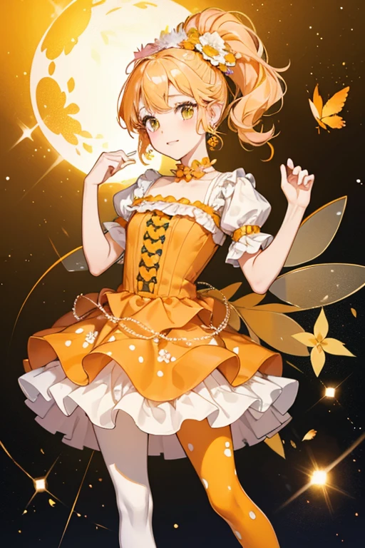 Himawari is a Fairilu. She has white skin, gold-colored eyes, and yellow two-layered fairy wings. Her ears are pointy and she has pink cheeks. She has yellow hair, pulled back and tied together as a long curled ponytail. She wears an orange polka-dotted fairy cap with three tiny orange bows attached to it. For apparel, she wears a two layered orange dress with orange polka dots and a loose small ruffle around the dress' neckline. She wears orange heart earrings on each of her ears and she wears two orange wristbands around her wrists. She wears orange pantaloons with green stockings and small orange shoes as her legging apparel. SPARKLE; GLITTER