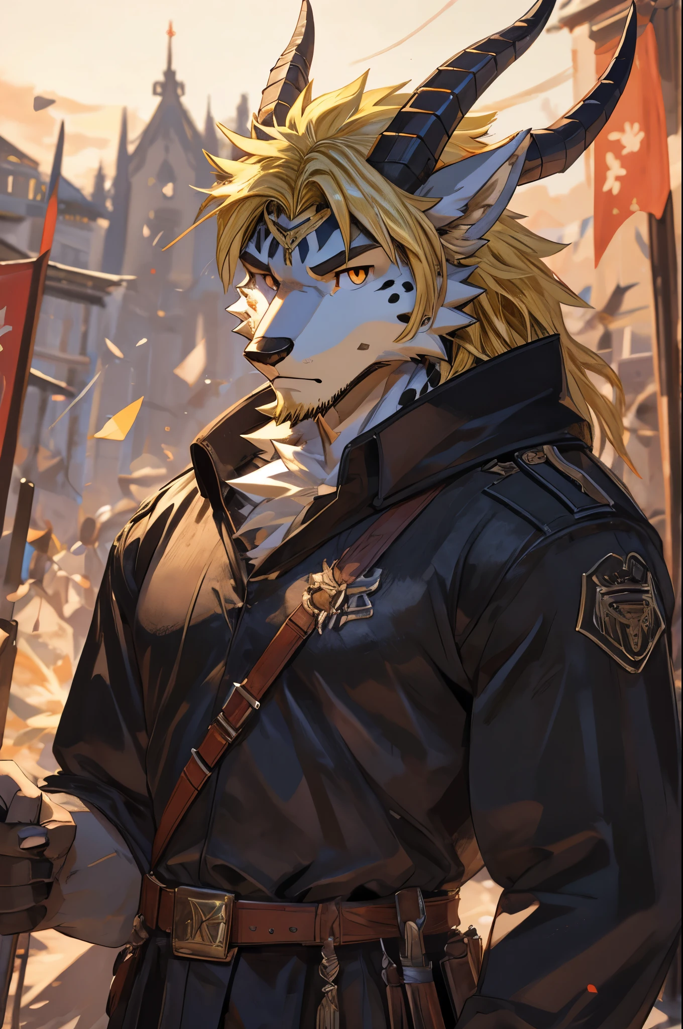 Um lobo homem, athletic body, olhos esverdeados,blonde hair with black spots and two fagot horns on his head 