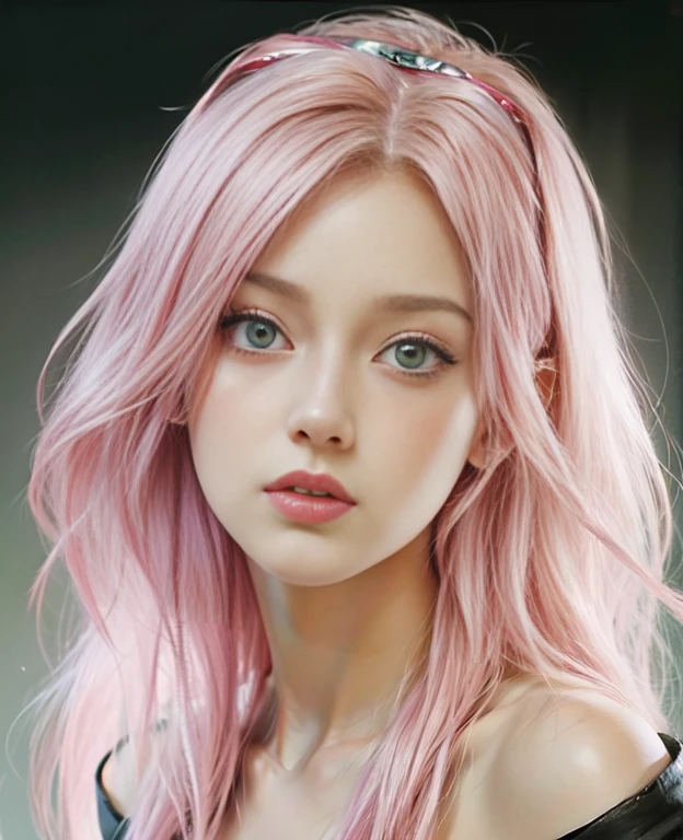 young woman, short shoulder-length pink hair, wide forehead, porcelain skin, pink eyebrows, big emerald green eyes, buttoned nose, full lips, heart-shaped face, slender body, small breasts, red tank top, Sakura Haruno , realistic, realism, details, 3d, well detailed