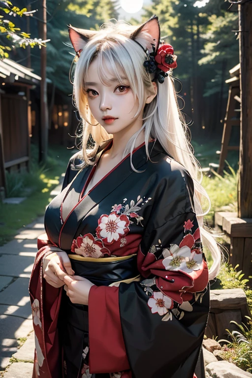 A woman in a gorgeous red and black kimono,Full moon in the background,Gorgeous hair ornament,Fantastic Art,Hair is white,Long Hair,Cat ear,Red eyes,The background is a forest