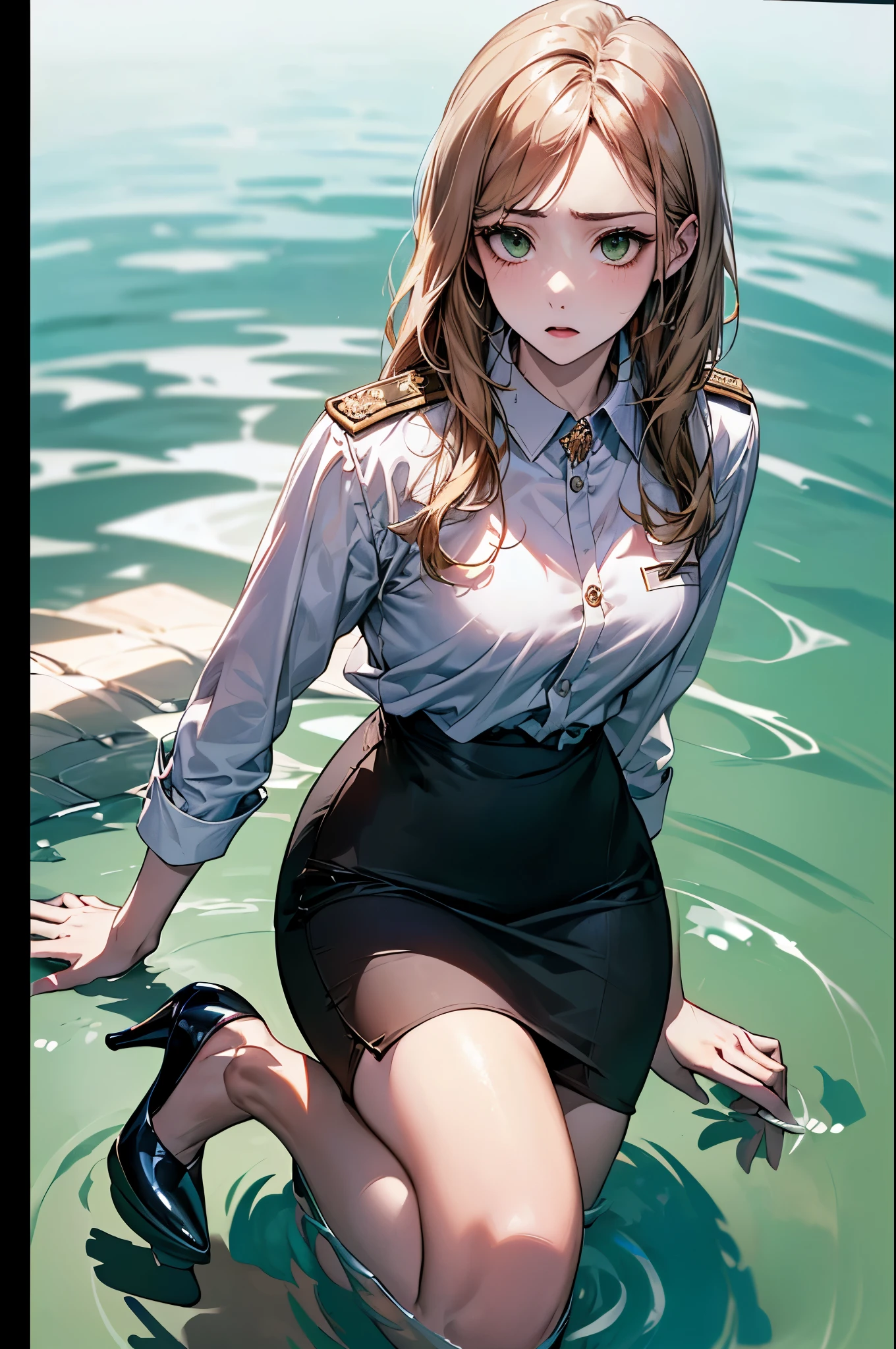 ((Biologically correct limb count))、(( whole body including face))、4K、Masterpiece、((Focus on the face))、((Symmetrical, well-proportioned facial features))、Eyes with delicate depictions、(((1 person)))、Beautiful woman、Outstanding style、Slender Body、、((Green military uniform、shirt、Checked Skirt,(High heels)))、(((Above the water)))、(Troubled face)、(Close-up photo of the upper body)、High angle、Photos with a white border around them、night、