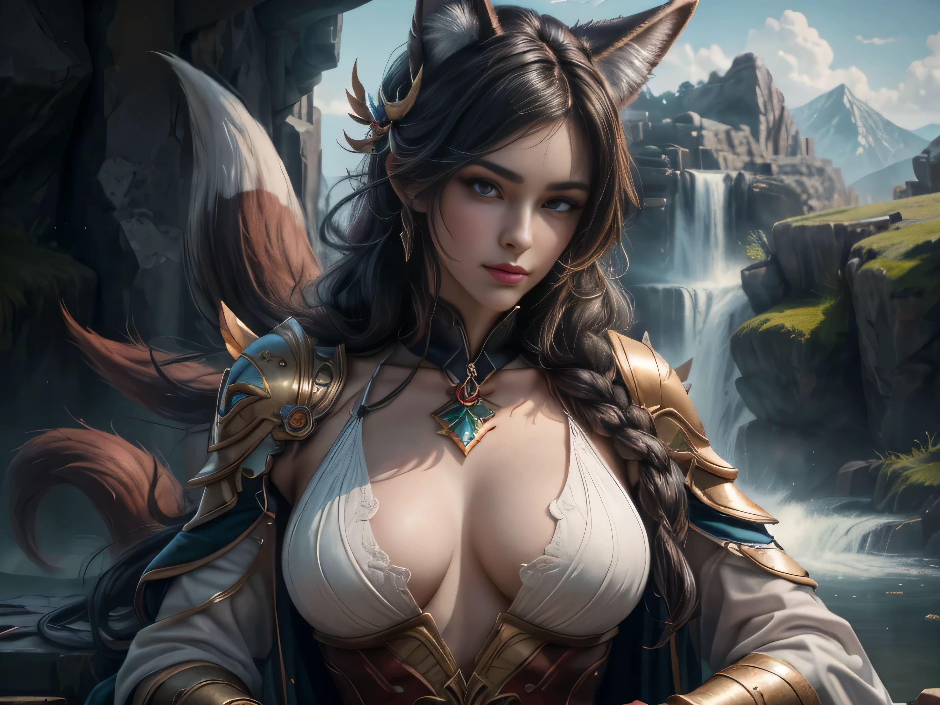 (Best quality, 8K, masterpiece, HDR, soft lighting, perfect image, realistic, Bright), a guy and a fox girl play Go against the backdrop of a mountain waterfall, landscape with a mountain waterfall in the background, sitting foxes guy and girl behind a goban (Go board), [(handsome man, he has beautiful blue eyes and a kind smile, black hair, naked torso with developed body, (Beautiful fox girl with green eyes, red hair, innocent expression)], (Fantasy ultra high quality art, latest fantasy), masterpiece, Ultra high quality male and female character designs, anime art with 8k development, realistic anime art, wallpaper illustrations of the highest quality, complex ultra high quality accurate faces of male and female characters, high quality design and precision physics (ultra high quality fantasy style)), art, dark fantasy)) Style), Masterpieceы, super quality characters, resolution anime - 8k, realistic anime art, highest quality wallpaper illustration, Ultra-high facial detail, high-quality design and physics accuracy), by color, depth of field, to the shadows, ray tracing, high quality and production of computer wallpapers in 8K resolution. (Accurate simulation of the interaction of light and material)], [Carefully detailed hair [Read more about beautiful and shiny hair]], (Perfectly detailed hands [perfect fingers [Beautiful nails]], (perfect anatomy (perfect proportions)) [[ Look at full growth]], [Ideal color coordination (Accurate simulation of the interaction of light and material)], [art, conveying the meaning of history], [game in Go]
