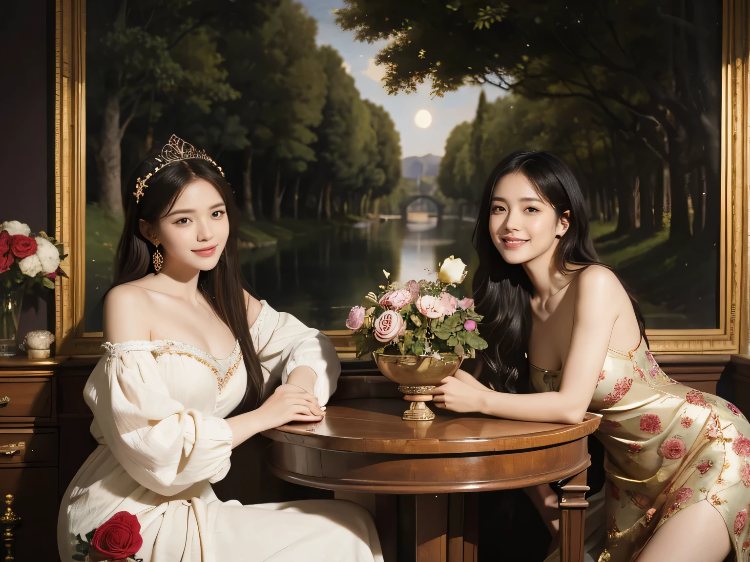 Giorgione painting style,Arguments of two female Philosophe,math、astronomical machine、astronaut、roses in vase、fruits、Cute trinkets、smile、ancient greek costume、Background is a forest lake at night 、Clothes that stretch your shoulders、A big smile、beautiful bare skin、A detailed representation of the seducing woman throughout her body.