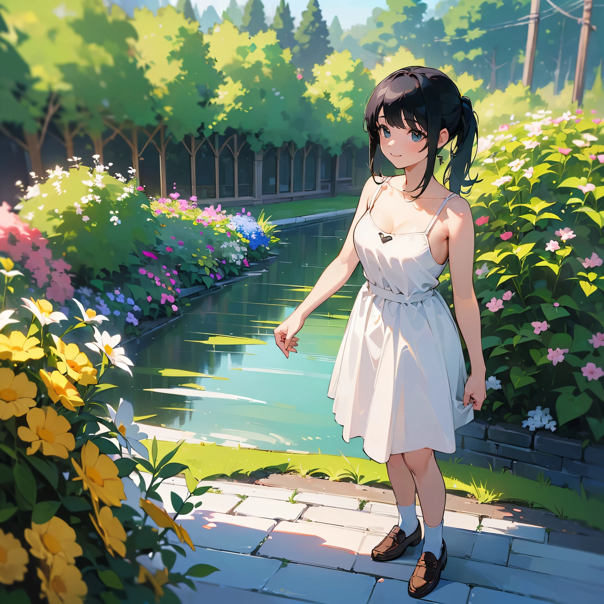 (high quality, High resolution, Very detailed, reality:1.37), Peaceful atmosphere, (Outdoor, garden), age girl standing alone, (my breasts are big.), Beautiful details, Cute Smile, (Black hair ponytail), White camisole dress, White socks, loafers.
