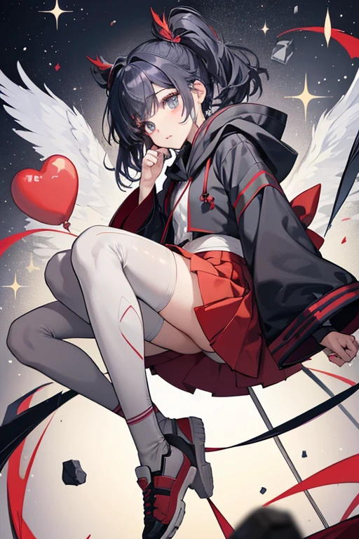 Hotaru has drooping indigo eyes and red puffy bangs with curled forelock worn beneath her grey hood. Her dark grey wings droop and are split into two sections on each side. She wears a red top with grey sleeves and white lining, along with very puffy grey balloon skirt, yellow shoes, and pale navy tights. SPARKLE; GLITTER