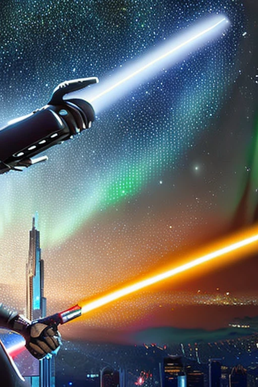 Cybernetic bodysuit and cybernetic helmet(With round dragonfly-like eyes)An image of a man wearing a helmet holding a lightsaber-like weapon in his hand in a city at night with the aurora shining