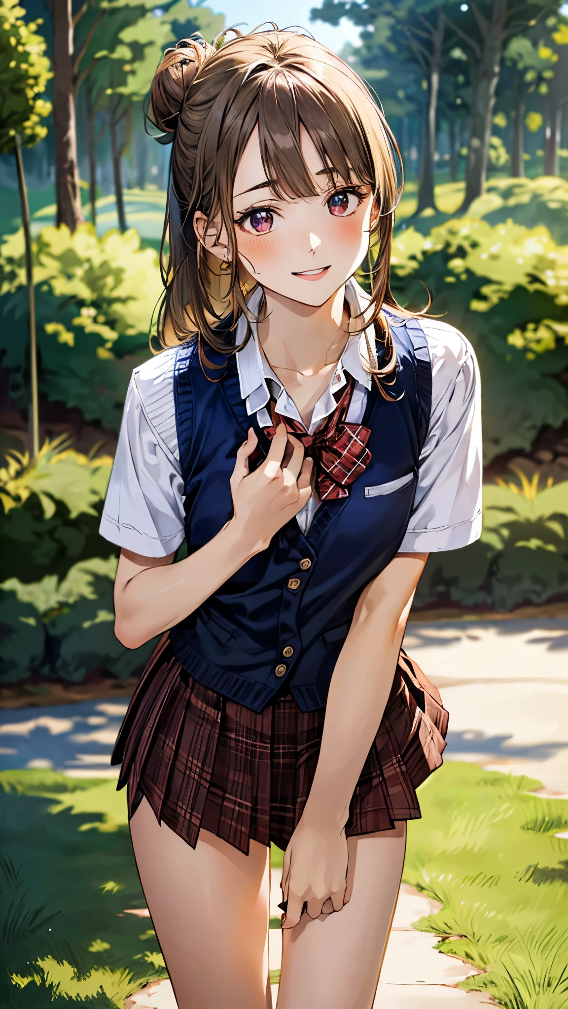 (masterpiece:1.3, top-quality, ultra high res, ultra detailed), (realistic, photorealistic:1.4), beautiful illustration, perfect lighting, natural lighting, colorful, depth of fields, ,
beautiful detailed hair, beautiful detailed face, beautiful detailed eyes, beautiful clavicle, beautiful body, beautiful chest, beautiful thigh, beautiful legs, beautiful fingers, shiny skin, babyface,
looking at viewer, (face focus), 1 girl, japanese, high school girl, (perfect anatomy, anatomically correct, super detailed skin), cute and symmetrical face, perfect face, perfect eyes,
(long hair, single hair bun, (long sideburns), light brown hair), blunt bangs, dark breen eyes, drooping eyes, long eyelashes, (medium breasts, seductive thighs), slender, outstanding style, ,
(detailed cloth texture), break, ((light brown knit vest)), break, (red plaid bowtie), break, (white collared shirt, navy pleated skirt), break,
(beautiful scenery), summer, evening, (disneyland, sky, forest), standing, leaning forward, hand on chest, (lovely smile, parted lips),