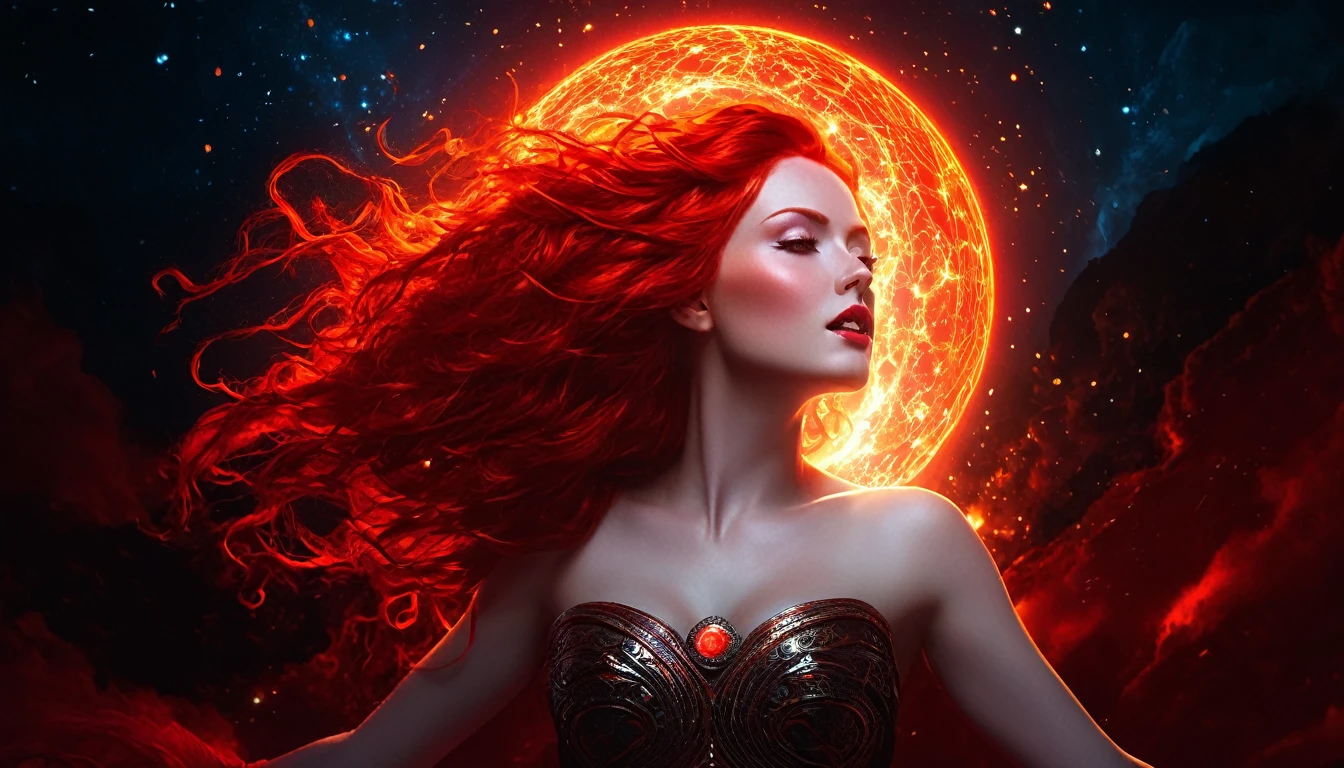 The fury of the orb of red light, personified as a beautiful woman with scarlet red hair, white skin and glowing, (goddess-like) eyes, photo, illustration, cinematic
A stunning illustration of a goddess-like woman, embodying the fierce power of a red orb of light. She has scarlet red hair cascading down her back, white skin, and mesmerizing, glowing eyes. The reddish-orange orb surrounding her seems to be an extension of her essence. The background is a celestial scene, with swirling constellations and a vivid sunset. The overall atmosphere is dramatic and awe-inspiring, evoking a sense of divine power and majesty., photo, illustration, cinematic