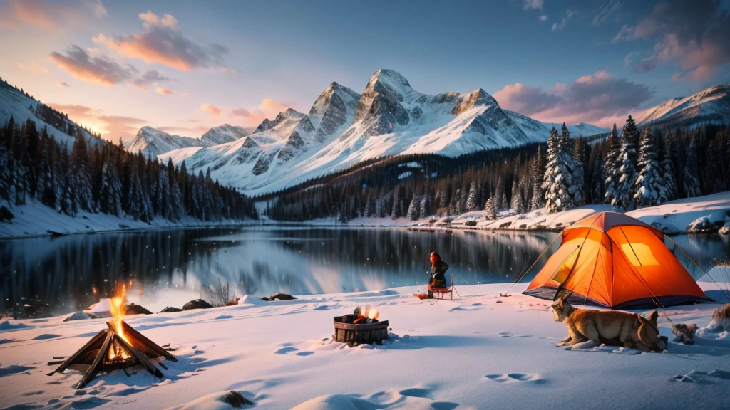 a girl and animals in a snowy winter landscape, outdoor camping near a lake, beautiful detailed eyes, beautiful detailed lips, extremely detailed face and skin, long eyelashes, warm sunlight, cozy campfire, campsite tent, mountains in the background, (best quality,4k,8k,highres,masterpiece:1.2),ultra-detailed,(realistic,photorealistic,photo-realistic:1.37),landscape,nature,winter,morning light