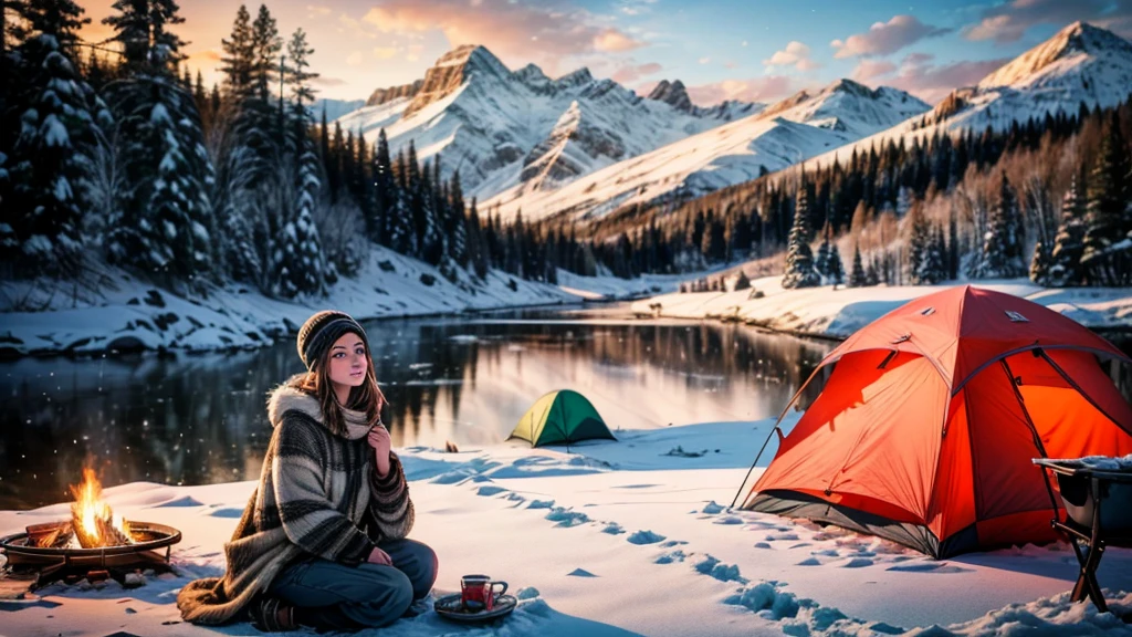a girl and animals in a snowy winter landscape, outdoor camping near a lake, beautiful detailed eyes, beautiful detailed lips, extremely detailed face and skin, long eyelashes, warm sunlight, cozy campfire, campsite tent, mountains in the background, (best quality,4k,8k,highres,masterpiece:1.2),ultra-detailed,(realistic,photorealistic,photo-realistic:1.37),landscape,nature,winter,morning light