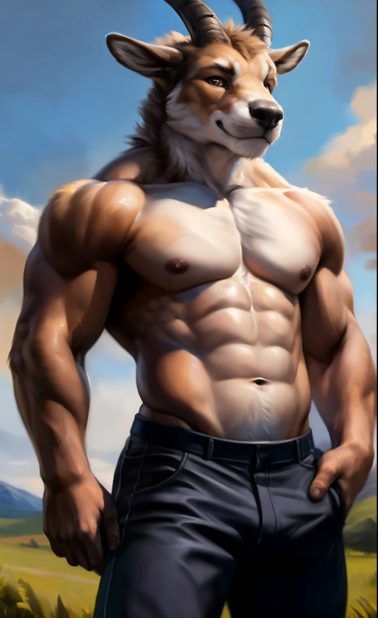 Goat, (long horns), brown body, topless, black short pants, looking at viewer, happy face, detailed farm background, brown eyes, detailed nipples, fitness muscular body, nipple focus, big bodybuilder body, muscular male, detailed fur, bright fur, bright body, detailed muscular face, high resolution, high quality, detailed strong muscular thigh, detailed high muscular shoulders, detailed beautiful eyes, detailed big muscular thighs, strong detailed muscular ass, detailed lean muscular abs, detailed huge muscular pecs, detailed big muscular biceps, muscular anthro, manly masculine male, full body portrait, by chunie, by null-ghost, by bruteandbrawn, by personalami, by kenket, (intricate, high detail, hi res, film photography, soft focus, RAW candid cinema, photorealism, realistic, photorealistic, analog style, subsurface scattering, best score, absurd resolution, masterpiece, best quality, ultra realistic, 8k)