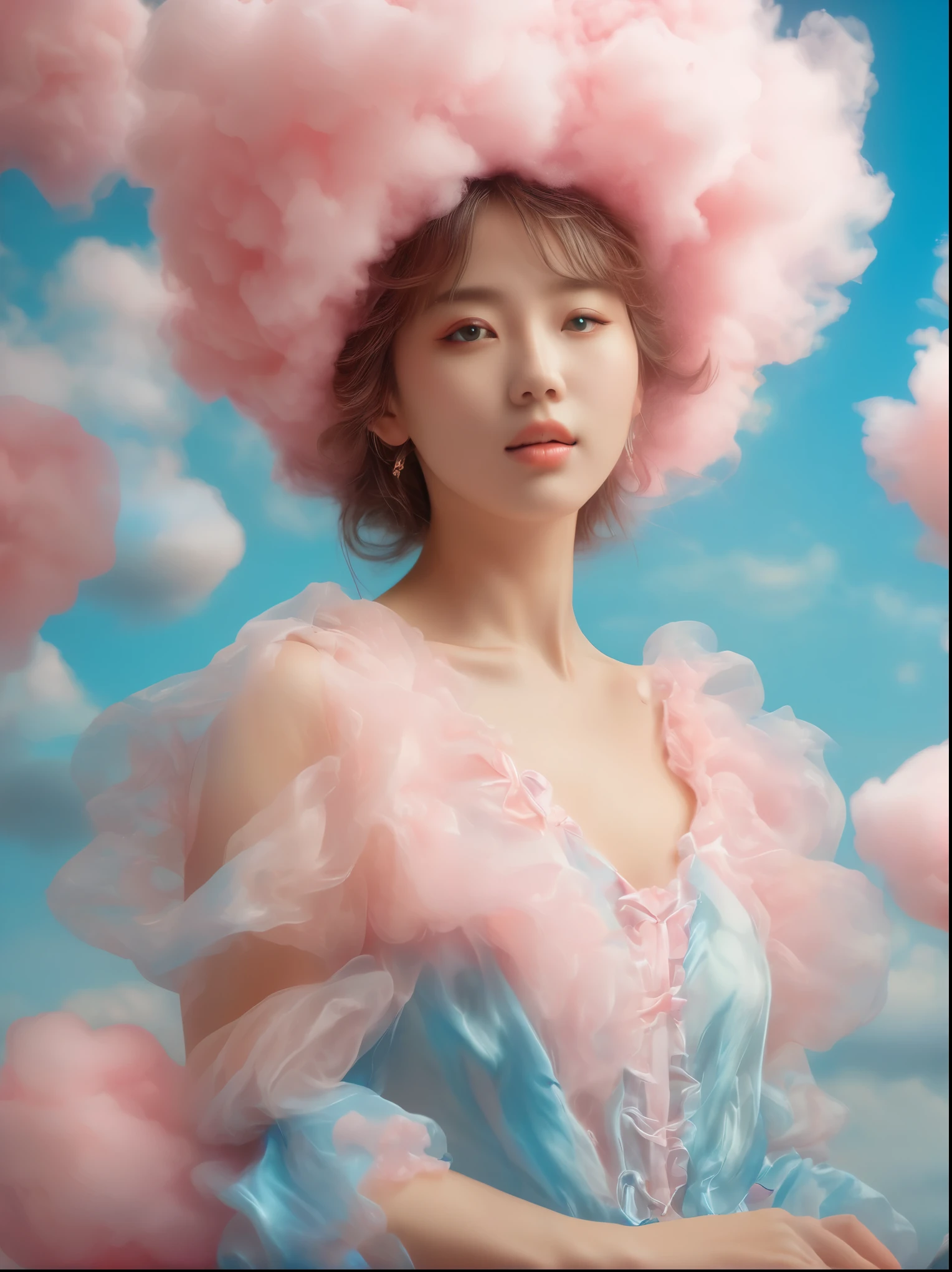 (超Reality:1.4)，(((Full body shot:1.5)))，original，emotion，dynamic，扭曲emotion效果，Energetic，Use unusual colors，Lovely photography，(Reality，Photo Realism:1.4)，Stylized image of a girl made of pink and blue cotton candy，Fantastic，Delicate eyes，Delicate face，Delicate skin，Delicate hands，light smile, fang, Surrealism, drop shadow, anaglyph, stereogram, tachi-e, pov, atmospheric perspective, 8k, super detail, ccurate, best quality, anatomically correct, textured skin