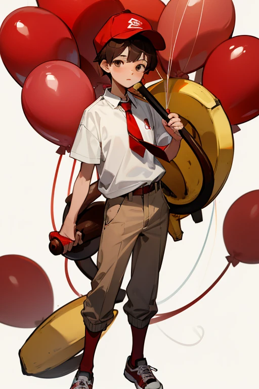 12 year old boy, brown hair, brown eyes, full body, red cap, banana pacifier, red monkey tie, white shirt, khaki pants, brown sneakers, red ballon,