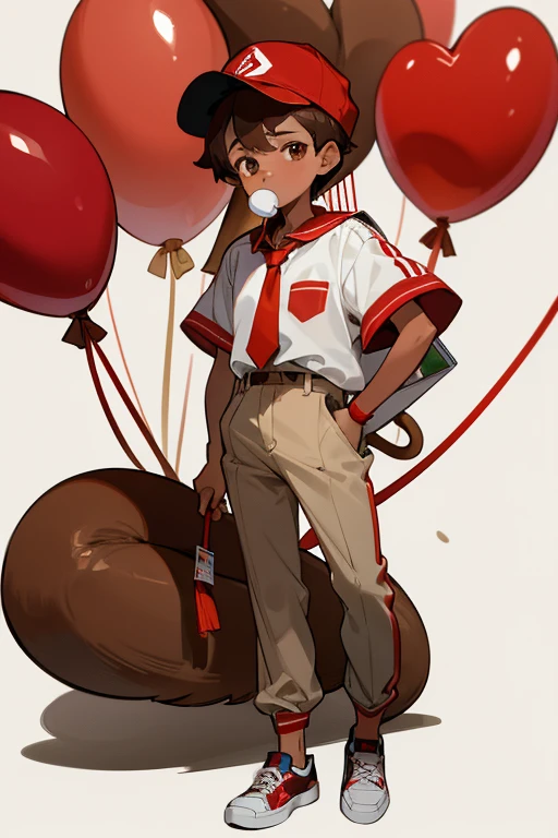 12 year old boy, brown hair, brown eyes, full body, red cap, banana pacifier, red monkey tie, white shirt, khaki pants, brown sneakers, red ballon, 