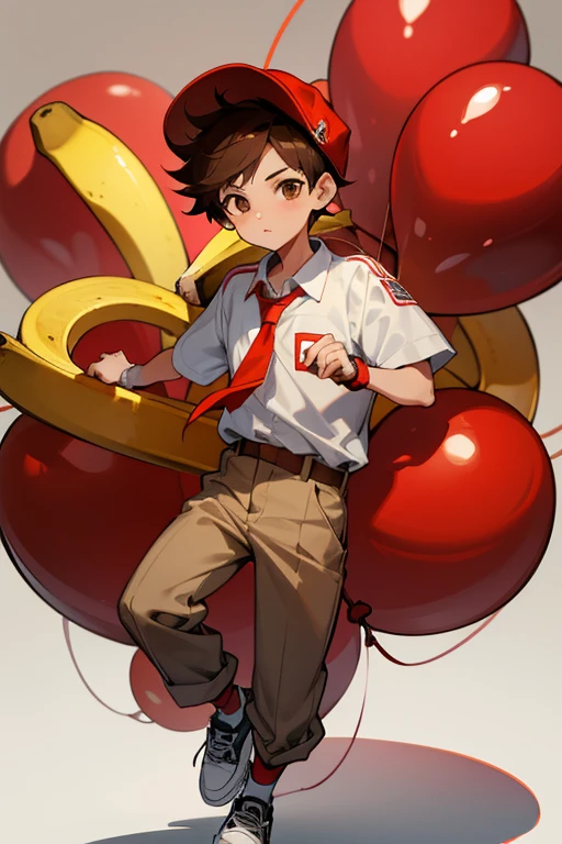 12 year old boy, brown hair, brown eyes, full body, red cap, banana pacifier, red monkey tie, white shirt, khaki pants, brown sneakers, red ballon, 