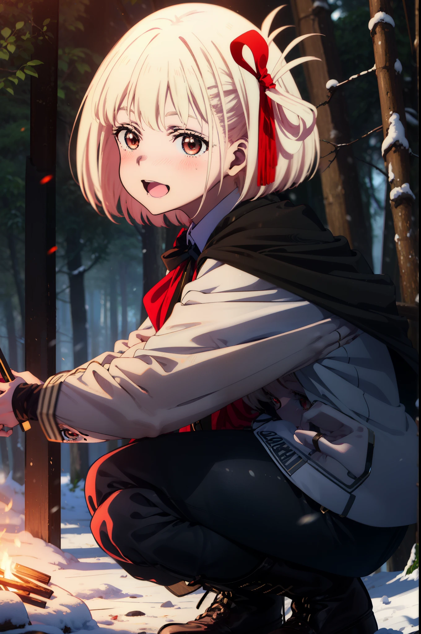 chisatonishikigi, Chisato Nishikigi, short hair, bangs, blonde, (Red eyes:1.5), Hair Ribbon, One side up, Bobcut,smile,blush,happy smile, smile, Open your mouth,
White Breath, Open your mouth,snow, Ground bonfire, Outdoor, boots, snowing, From the side, wood, suitcase, Cape, Blurred, Increase your meals, forest, White handbag, nature, Squat, Mouth closed, フードed Cape, winter, Written boundary depth, Black shoes, red Cape break looking at viewer, Upper Body, whole body, break Outdoor, forest, nature, break (masterpiece:1.2), highest quality, High resolution, unity 8k wallpaper, (shape:0.8), (Beautiful and beautiful eyes:1.6), Highly detailed face, Perfect lighting, Extremely detailed CG, (Perfect hands, Perfect Anatomy),