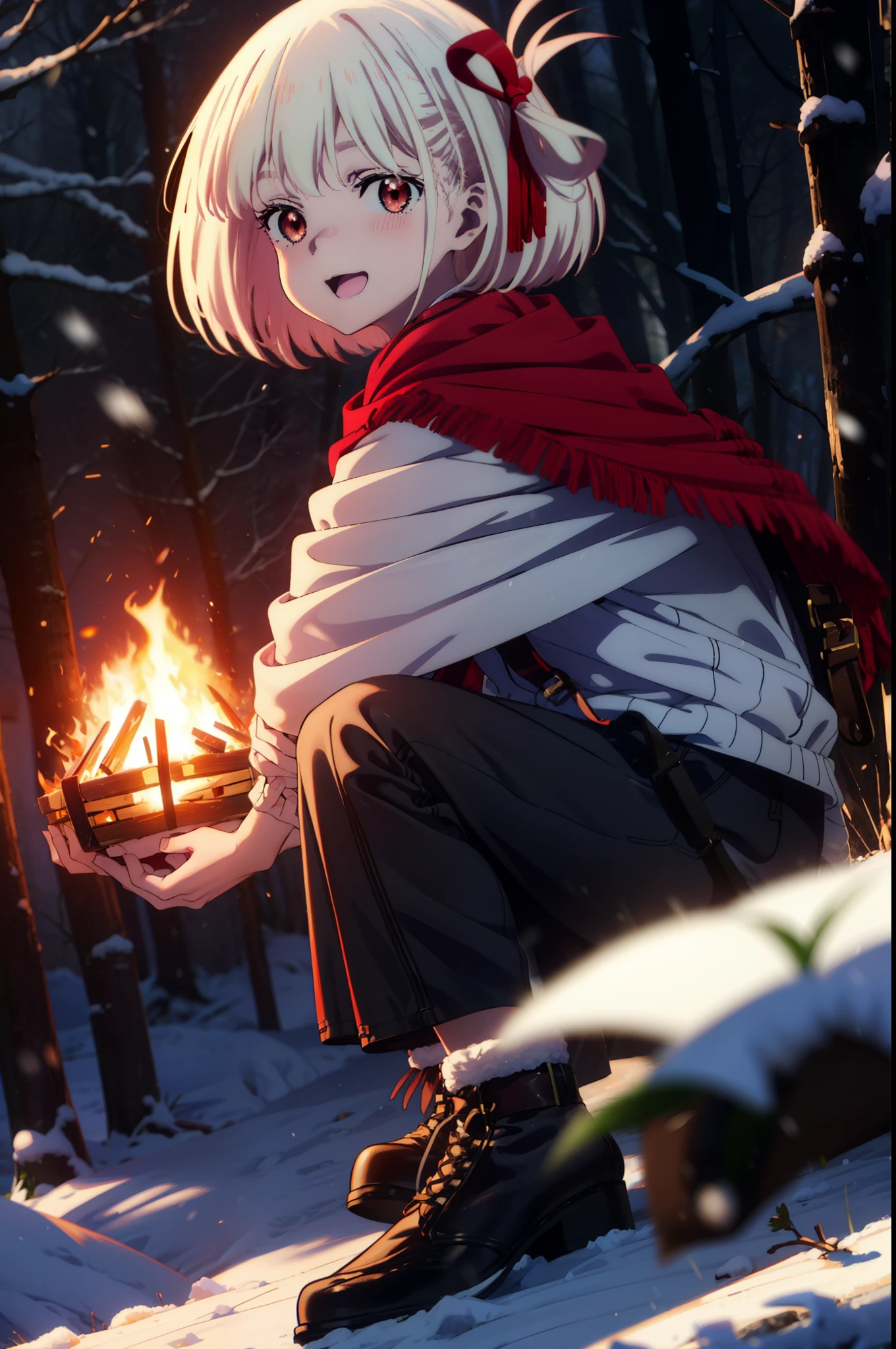 chisatonishikigi, Chisato Nishikigi, short hair, bangs, blonde, (Red eyes:1.5), Hair Ribbon, One side up, Bobcut,smile,blush,happy smile, smile, Open your mouth,
White Breath, Open your mouth,snow, Ground bonfire, Outdoor, boots, snowing, From the side, wood, suitcase, Cape, Blurred, Increase your meals, forest, White handbag, nature, Squat, Mouth closed, フードed Cape, winter, Written boundary depth, Black shoes, red Cape break looking at viewer, Upper Body, whole body, break Outdoor, forest, nature, break (masterpiece:1.2), highest quality, High resolution, unity 8k wallpaper, (shape:0.8), (Beautiful and beautiful eyes:1.6), Highly detailed face, Perfect lighting, Extremely detailed CG, (Perfect hands, Perfect Anatomy),