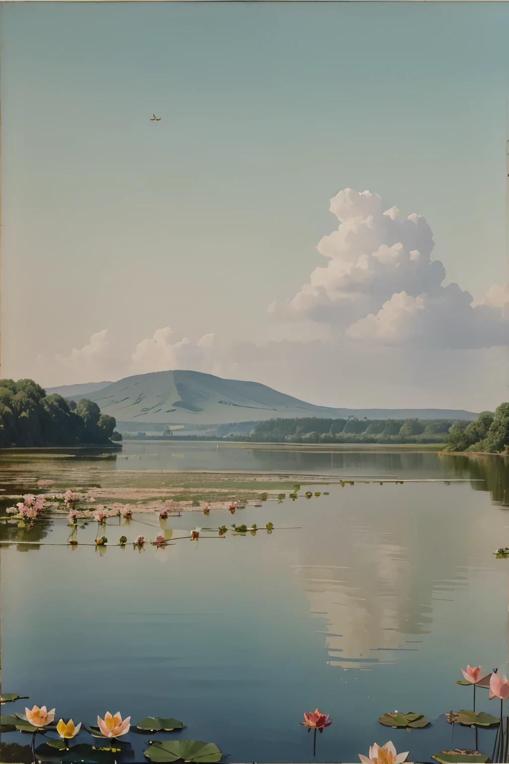 painting of lake with full of lotus flowers, inspired by Camille-Pierre Pambu Bodo, by Ernest Zobole, by Salomon van Abbé, inspired by Pieter Janssens Elinga, by Hubert van Ravesteyn, inspired by Candido Bido, by Odhise Paskali