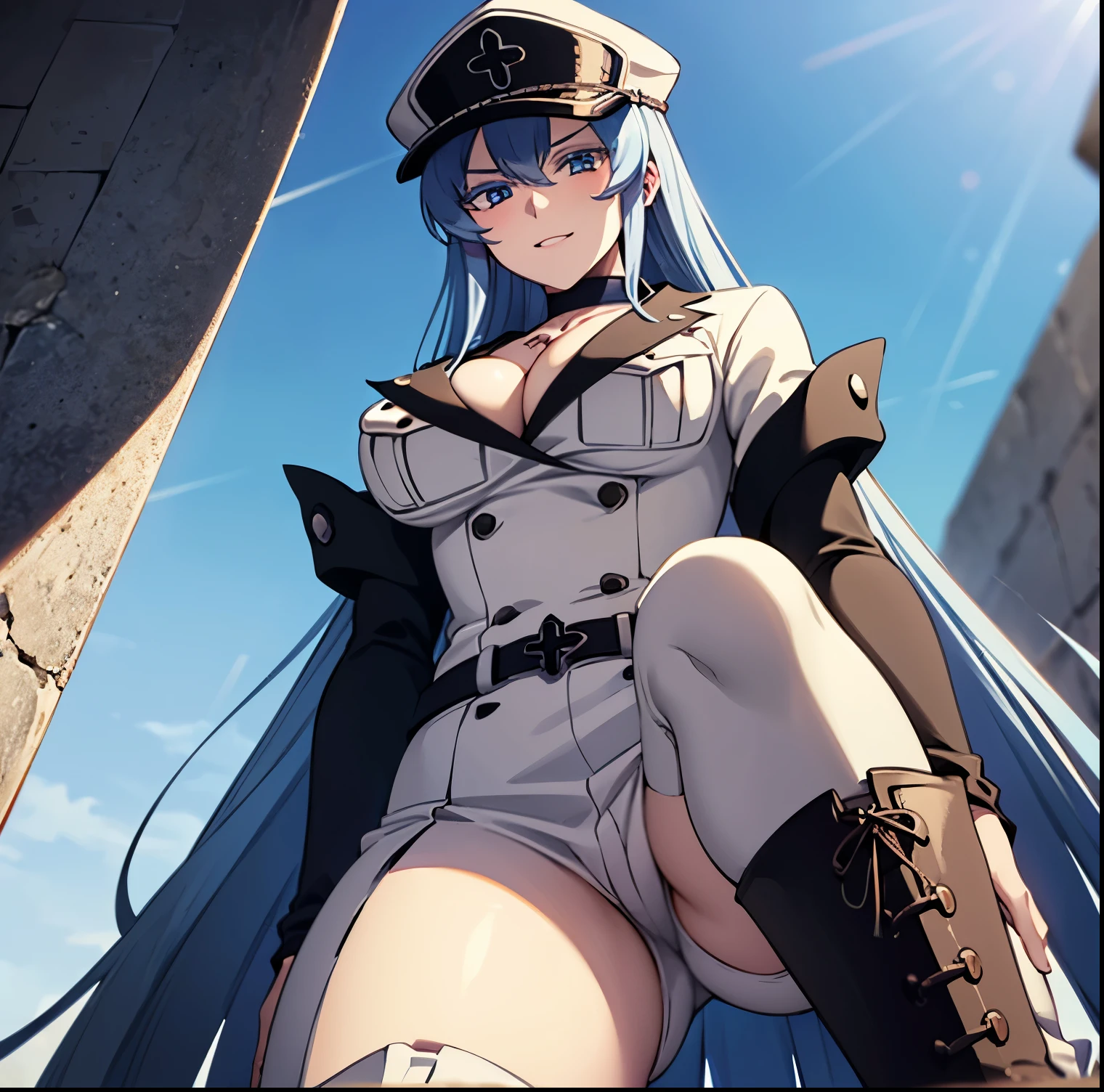 1 girl, alone, death, masterpiece, high resolution, detailed, outdoors, (hair ornament), real, long blue hair, looking at viewer, head on, point of view (from below), perfect face, curious smile, transparent from above, looking at viewer, blue glitters, sexy body, 4K, high quality, portrait, boots, choker, cleavage, clavicle, hat, ice, military, military uniform, white uniform, cleavage, peaked cap , thigh high boots, thighs, uniform, bracelet, artistic portrait, esdeath, perfect light, perfect anatomy, perfect hands