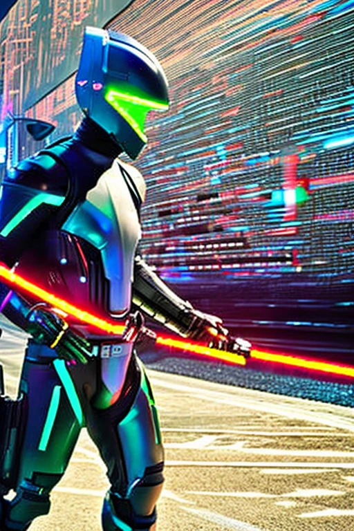 Cybernetic bodysuit and cybernetic helmet(With round dragonfly-like eyes)An image of a man wearing a helmet holding a lightsaber-like weapon in his hand in a city at night with the aurora shining