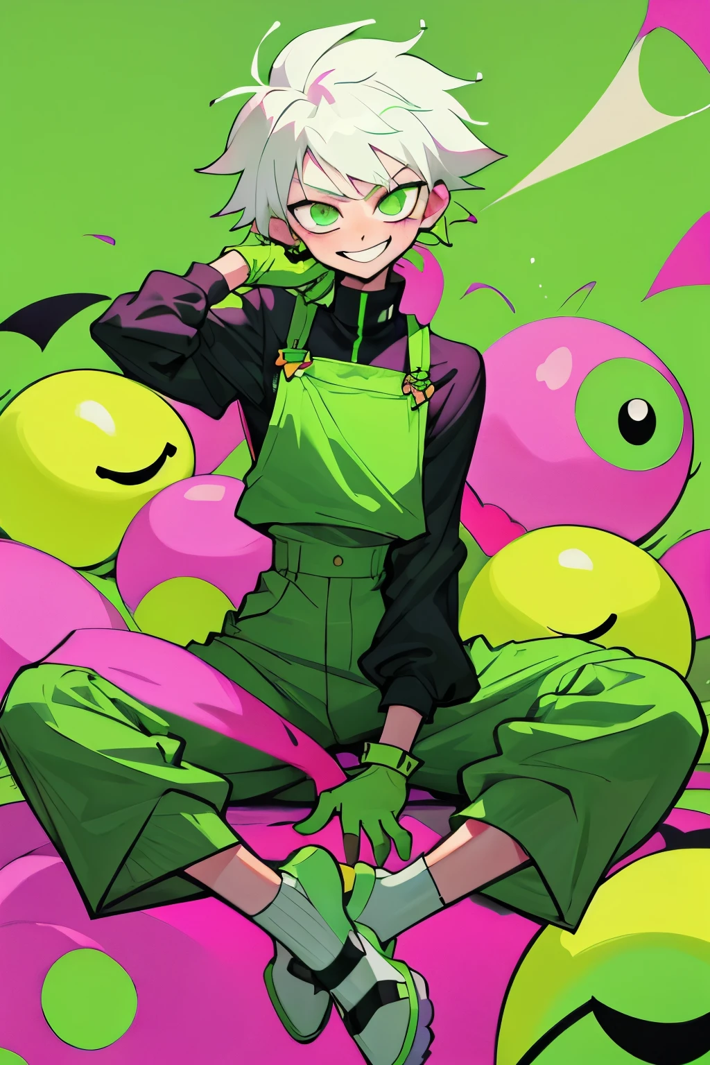 1kpop boy wearing a soft green turtle neck outfit, with a dark green fuchsia-colored overalls , yellow gloves, smile with teeth, messy messy white hair, smirk rizz face, attractive pose cannot be ressistbaby face(killua face) rizz,sit pose, face, attractive pose cannot be ressist, whole body, including the shoes