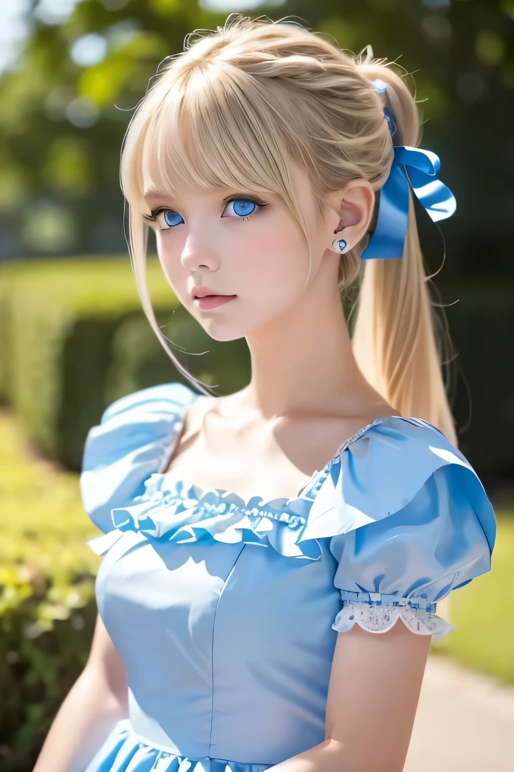 (Ultra-detailed), Cute light blue princess dress,(Frill dress),(Short sleeve),blue eyes,Upper Body、Close-up、face、Cute smile,Facing forward, 20-year-old, Teenage Girl,No tail,(No tail),2D, masterpiece, highest quality, And soul, Detailed Eyes, Big, bright, light blue eyes that shine beautifully、Detailed face, With a girl, Only one person,Blonde super long hair, (Blonde), Ear hair, , Single Blade, (Single Blade), (Side Blade), Pink ribbon, Ribbon on neck, (White sleeves), Background bokeh