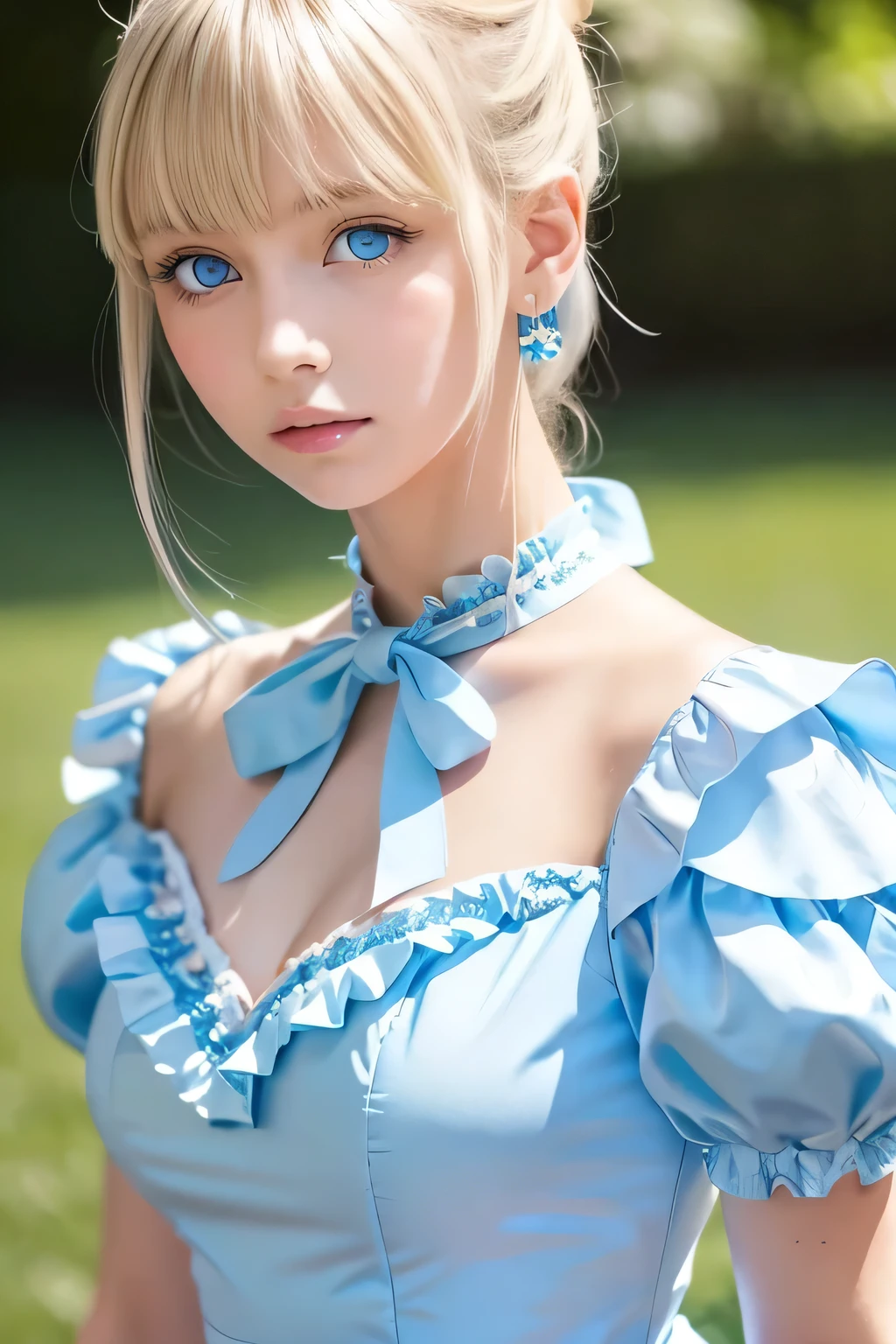 (Ultra-detailed), Cute light blue princess dress,(Frill dress),(Short sleeve),blue eyes,Upper Body、Close-up、face、Cute smile,Facing forward, 20-year-old, Teenage Girl,No tail,(No tail),2D, masterpiece, highest quality, And soul, Detailed Eyes, Big, bright, light blue eyes that shine beautifully、Detailed face, With a girl, Only one person,Blonde super long hair, (Blonde), Ear hair, , Single Blade, (Single Blade), (Side Blade), Pink ribbon, Ribbon on neck, (White sleeves), Background bokeh