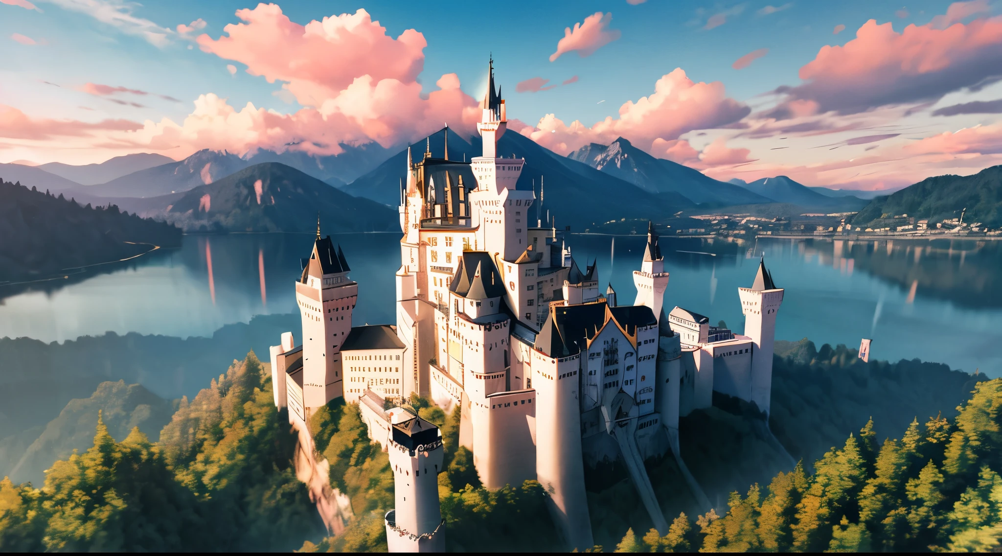 master piece, best quality, detailed, ((background only)), day, neuschwanstein castle, sky, castle at the top of the mountain, forest, modern,