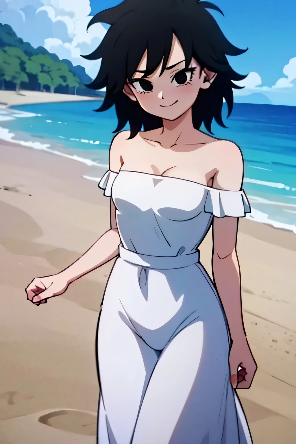 anime screencap, masterpiece, best quality, highres, outdoors, small breasts, gine, spiky black hair, 1 girl, Solo, Black Eyes, Good hands are down, Smile, Blushing, Bare Neck, Bare Shoulders, White Dress, Strapless White Dress, Lace Off-shoulder top, Ruffle Off-the-Shoulder Top, Long Skirt. Cowboy shot. A landscape of the beach, sea, blue skies, sand beach. In the center. Walking on the beach with bare feets. Far from the bottom, looking at viewers
