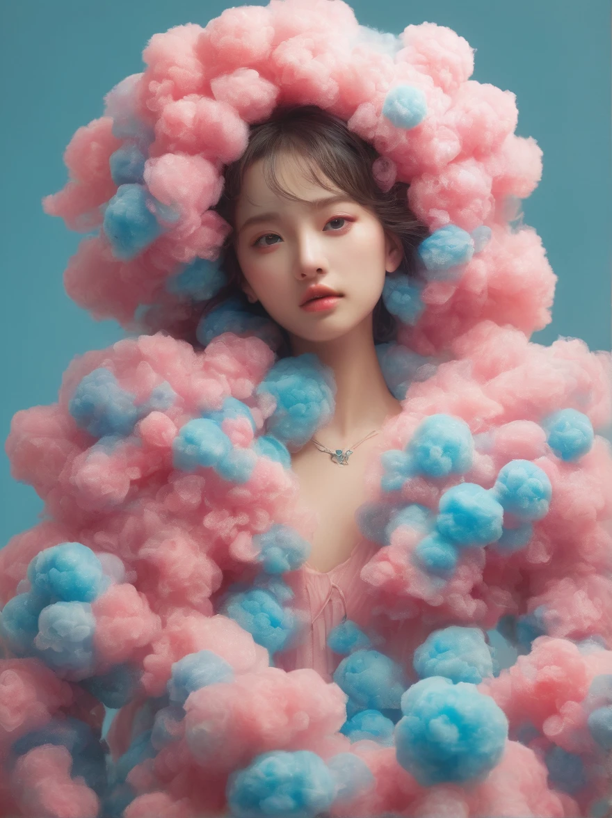 (超Reality:1.4)，(((Full body shot:1.5)))，original，emotion，dynamic，扭曲emotion效果，Energetic，Use unusual colors，Lovely photography，(Reality，Photo Realism:1.4)，Stylized image of a girl made of pink and blue cotton candy，Fantastic，Delicate eyes，Delicate face，Delicate skin，Delicate hands，light smile, fang, Surrealism, drop shadow, anaglyph, stereogram, tachi-e, pov, atmospheric perspective, 8k, super detail, ccurate, best quality, anatomically correct, textured skin