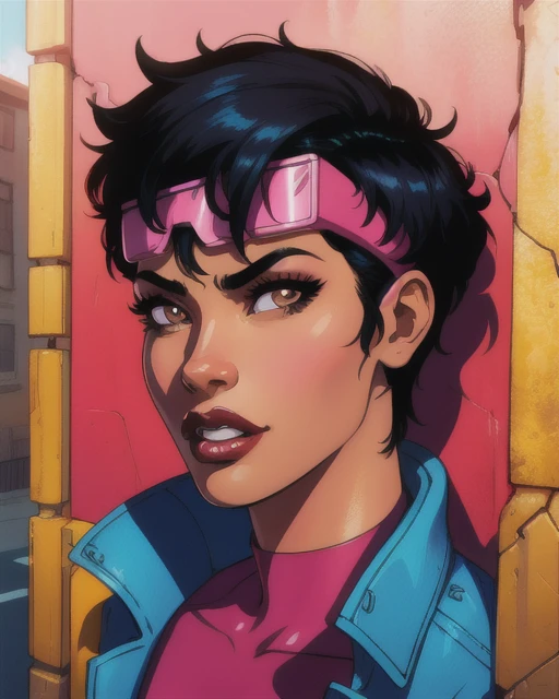 jubilee,short black hair,brown eyes ,lips ,lipstick,dark skin,solo, standing, close up,
streets, chain fence, wall with graffiti, retro,
(insanely detailed, beautiful detailed face,  masterpiece, beautiful detailed  eyes, best quality)  