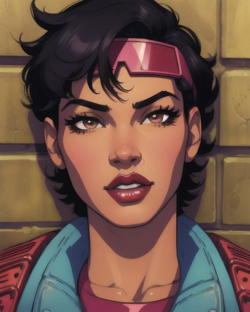 jubilee,short black hair,brown eyes ,lips ,lipstick,dark skin,solo, standing, close up,
streets, chain fence, wall with graffiti, retro,
(insanely detailed, beautiful detailed face,  masterpiece, beautiful detailed  eyes, best quality)  