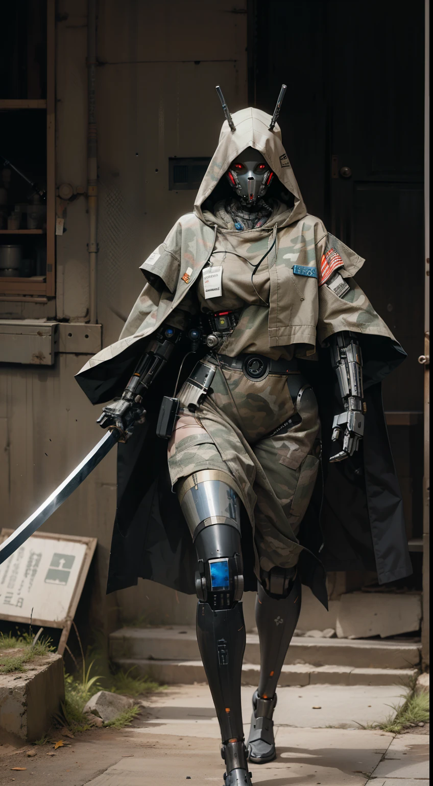 cybernetic droid, mask, antennae, camo mechanical textures, hooded robes, sprinting fast, holding katana