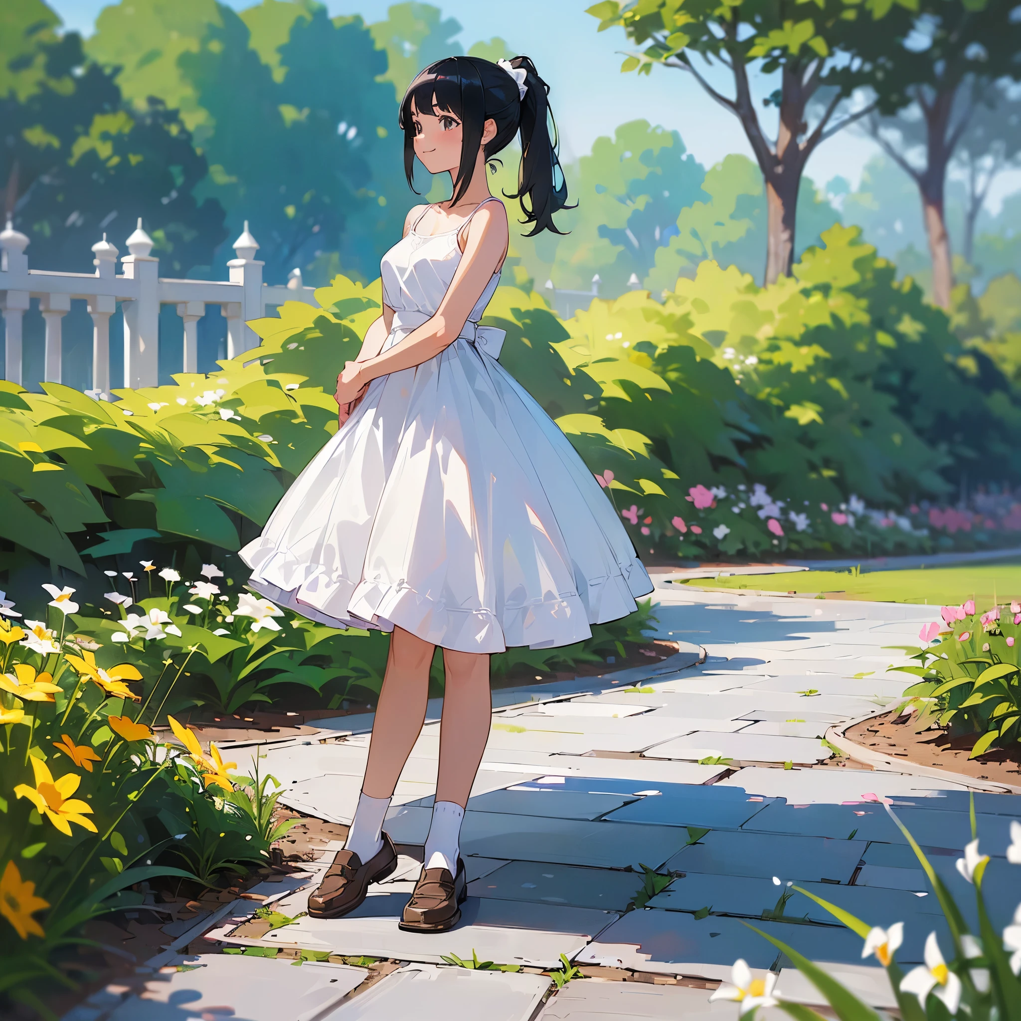 (high quality, High resolution, Very detailed, reality:1.37), Peaceful atmosphere, (Outdoor, garden), Teenage girl standing alone, (my breasts are big.), Beautiful details, Cute Smile, (Black hair ponytail), White camisole dress, White socks, loafers.