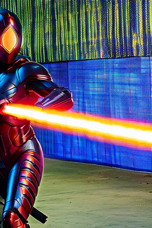 Cybernetic bodysuit and cybernetic helmet(With round dragonfly-like eyes）An image of a man wearing a helmet holding a lightsaber-like weapon in his hand in a city at night with the aurora shining