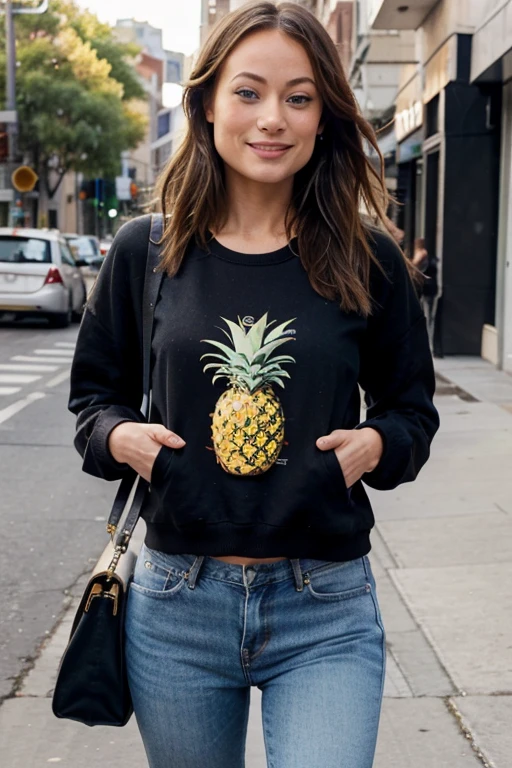 Olivia Wilde wearing a pineapple sweatshirt with jeans and smiling